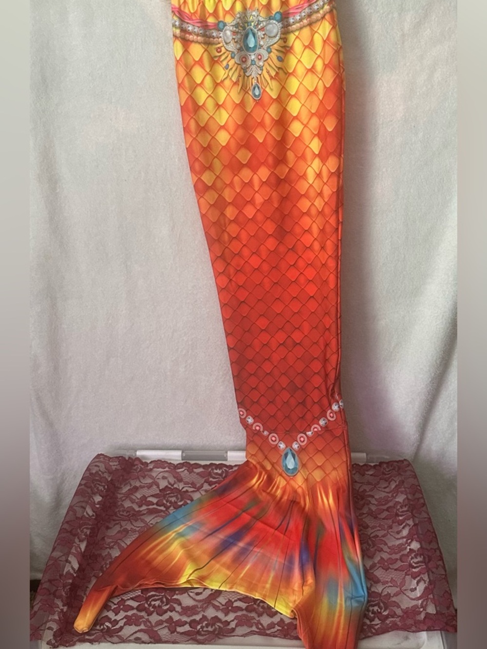 Girls Orange & Yellow Mermaid Tail Swimsuit Set with Ruffle Top - Picture 3 of 5